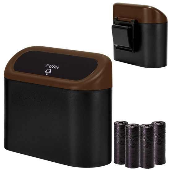 Picture of Ginsco Mini Car Trash Can with Lid, Small Car Garbage Can, Cute Leakproof ABS Car Trash Bin, Car Accessories for Interior, Garbage Bin for Car, Home, Office with 60pcs Trash Bags Black/Brown