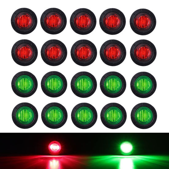 Picture of TMH (Pack of 20 3/4 Inch Round Green & Red LED Indicator Clearance Lamp Side Marker Light with Rubber for Trailer Truck Lorry Pickup 12V DC Flush Mount 3LED