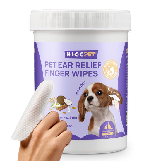 Picture of HICC PET Dog Ear Wipes Finger 50 Count Dog Ear Cleaner Wipes for Dogs & Cats, Dog Ear Infection Treatment to Relieve Ear Itching & Inflammation, Remove Ear Wax, Dirt, Smelly - Unscented