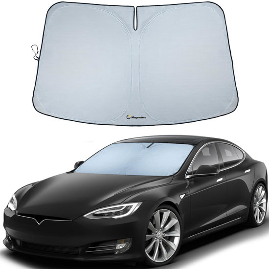 Picture of Magnelex Tesla Windshield Sun Shade (Model S), Reflective Polyester Blocks Heat & Sun, Foldable Car Window Sun Blocker, Mirror Cut-Out, Fade-Resistant Sunshade, Tesla S Accessories