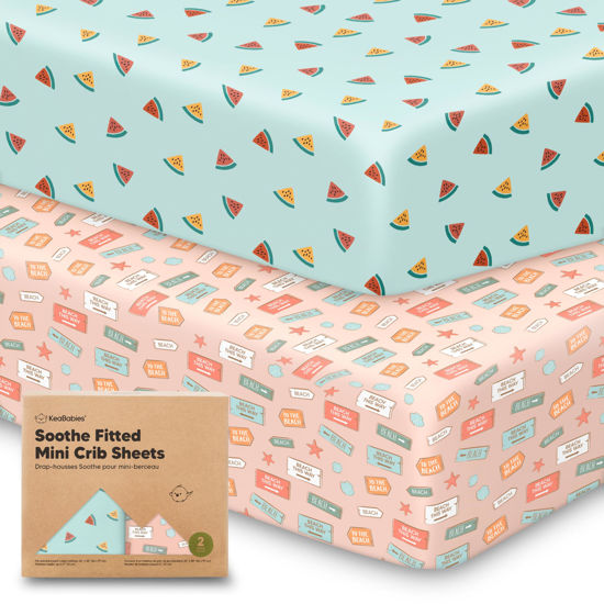 Picture of 2-Pack Mini Crib Sheets Fitted, Pack and Play Sheets - Organic Cotton Pack N Play Sheets for Pack and Play Mattress, Playard Baby Crib Sheets, Jersey Crib Sheets Neutral for Boys,Girls (Beach Day)