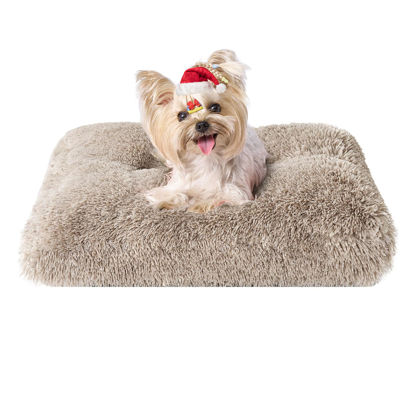 Picture of EHEYCIGA Fluffy Dog Crate Bed for Small Dogs, Plush Faux Fur Dog Crate Pad, Calming Anti Anxiety Small Dog Bed for Crate, Washable Soft Warm Dog Crate Mat with Non-Slip Bottom, Taupe