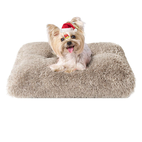 Picture of EHEYCIGA Fluffy Dog Crate Bed for Small Dogs, Plush Faux Fur Dog Crate Pad, Calming Anti Anxiety Small Dog Bed for Crate, Washable Soft Warm Dog Crate Mat with Non-Slip Bottom, Taupe