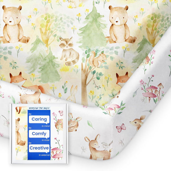 Picture of TotBasic Mini Crib Sheets 24x38, Ultra Soft Pack N Play Sheets Fitted Boy Girl, Neutral Pack and Play Mattress Sheets, Premium Jersey Knit Portable Crib Sheets Hypoallergenic, Forest Bear & Deer