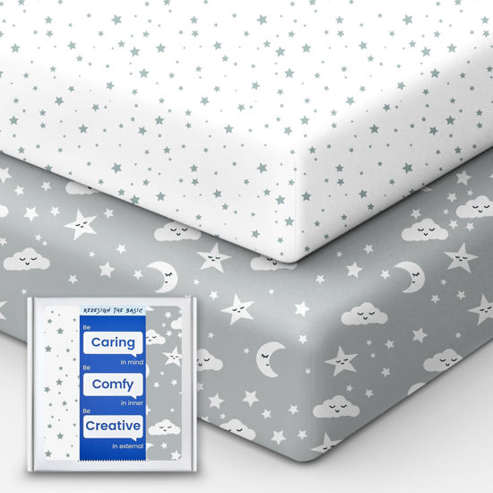 Picture of TotBasic Crib Fitted Sheet Star, Super Stretchy Jersey Crib Sheets, Buttery Soft Boy Crib Mattress Sheets, Ultra Breathable Baby Bed Sheets 28x52x9 Extra Deep Pocket, 2 Pack