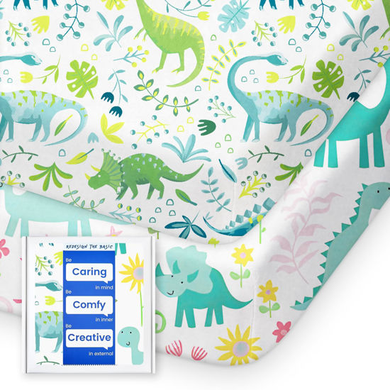 Picture of TotBasic Dinosaur Pack N Play Sheets Fitted, Ultra Soft Mini Crib Sheets for Boy, Premium Jersey Knit Pack and Play Sheets, Stretchy Neutral Play Yard Sheets for Pack and Play Mattress, 2 Pack