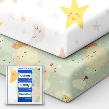 Picture of TotBasic Space Crib Fitted Sheet, Super Stretchy Jersey Star Crib Sheets, Buttery Soft Boy Crib Mattress Sheets, Ultra Breathable Baby Bed Sheets 28x52x9 Extra Deep Pocket, 2 Pack