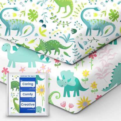 Picture of TotBasic Dinosaur Crib Sheets for Boys, Premium Soft Crib Mattress Fitted Sheet, Ultra Breathable Baby Sheets, Super Stretchy Baby Bed Sheets 28x52x9 Extra Deep Pocket, 2 Pack