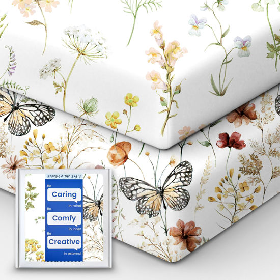 Picture of TotBasic Crib Sheets for Boy Girl, Premium Soft Butterfly Crib Mattress Fitted Sheet, Ultra Breathable Baby Sheets, Super Stretchy Baby Bed Sheets 28''x52''x9'' Extra Deep Pocket, 2 Pack