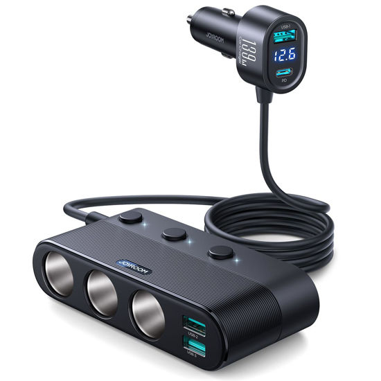 Picture of 7 in 1 Cigarette Lighter Adapter, JOYROOM Car Charger Adapter with PD30W Charge(3.3FT Cable), 24V/ 12V Cigarette Lighter Splitter with Independent Switches & LED Voltage Display for All Car Devices
