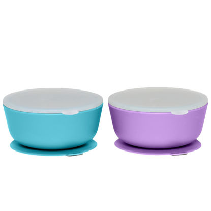 Picture of WeeSprout Suction Bowls for Baby & Toddlers (Set of 2) - 100% Silicone w/Plastic Lid - Leak Proof Feeding Supplies - Dishwasher & Microwave Safe Infant Dinnerware w/Extra Strong Base