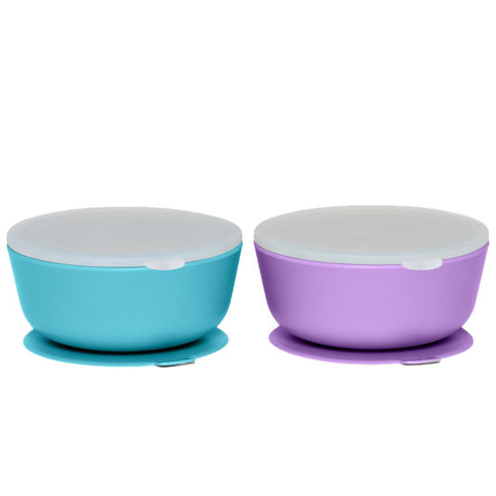 Picture of WeeSprout Suction Bowls for Baby & Toddlers (Set of 2) - 100% Silicone w/Plastic Lid - Leak Proof Feeding Supplies - Dishwasher & Microwave Safe Infant Dinnerware w/Extra Strong Base