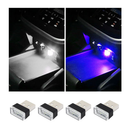 Picture of Augeny 4 PCS USB LED Car Interior Atmosphere Lamp, Plug-in USB Decor Night Light, Portable Auto Ambient Lighting Kit, Universal Vehicle Interior Accessories for Most Cars (White & Blue)