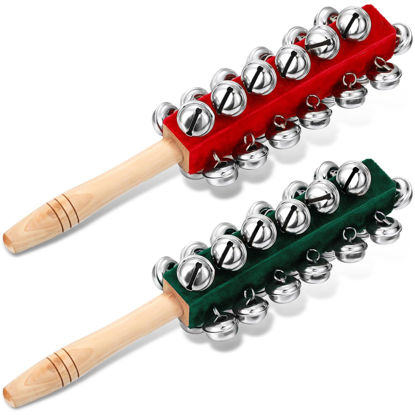 Picture of Cindeer 2 Pcs Christmas Hand Jingle Bells Wooden Handhold Sleigh Bells Jingle Bells Shaker Rattle Musical Percussion Instrument for Christmas Party Favors Birthday Gifts Kids Children Toys (25 Bells)