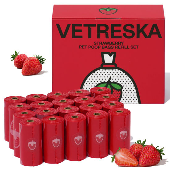 Picture of VETRESKA Strawberry Scented Dog Poop Bags, Leak Proof, Extra Thick and Large Pet Waste Bags for Dogs Walking and Cat Litter, 20 Refill Rolls, 300 Bags, Red