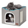 Picture of Bedsure Cat Beds for Indoor Cats - Large Cat Cave for Pet Cat House with Fluffy Ball Hanging and Scratch Pad, Foldable Cat Hideaway,16.5x16.5x13 inches, Grey