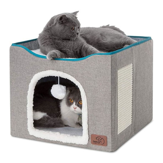 Picture of Bedsure Cat Beds for Indoor Cats - Large Cat Cave for Pet Cat House with Fluffy Ball Hanging and Scratch Pad, Foldable Cat Hideaway,16.5x16.5x13 inches, Grey