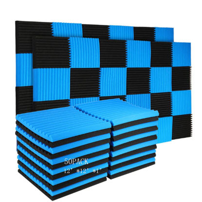 Picture of 50 Pack Acoustic Panels Soundproof Studio Foam for Walls Sound Absorbing Panels Sound Insulation Panels Wedge for Home Studio Ceiling, 1" X 12" X 12" (50Pcs, Black&Blue)