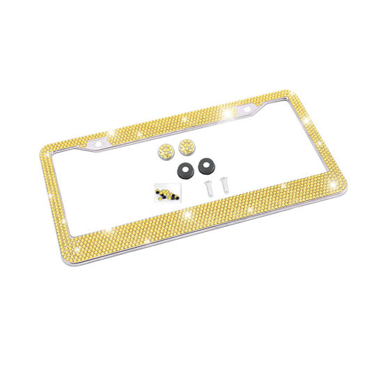 Picture of Bling Car License Plate Frame, Sparkly Rhinestone Stainless Steel License Plate Cover/Holder, Universal for Most Cars, SUVs, Vehicles with Screw Set, Auto Accessories for Women (Gold)