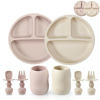 Picture of PandaEar Silicone Baby Feeding Set, 2 Pack - Divided Suction Plate, 2 Tiny Cup with Spoons, BPA Free, Light Tan/Pink