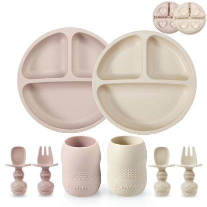 Picture of PandaEar Silicone Baby Feeding Set, 2 Pack - Divided Suction Plate, 2 Tiny Cup with Spoons, BPA Free, Light Tan/Pink