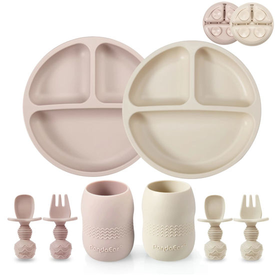 Picture of PandaEar Silicone Baby Feeding Set, 2 Pack - Divided Suction Plate, 2 Tiny Cup with Spoons, BPA Free, Light Tan/Pink