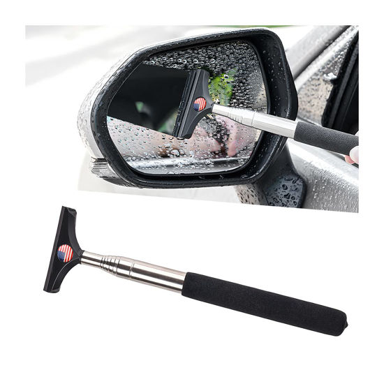Picture of 8sanlione Car Rearview Mirror Wiper, American Flag Telescopic Auto Mirror Squeegee Cleaner, Glass Mist Cleaning Tool with Retractable 98cm Handle, Portable Car Windows Water Removal (Black/Red Flag)