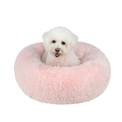 Picture of Best Pet Supplies Round Donut Dog Bed with Plush Faux Fur Fabric, Calming, Anti-Anxiety Cushion for Indoor Pets, Slip-Resistant Base, Soft Ergonomic Support - Pink, 27x27x7.5''