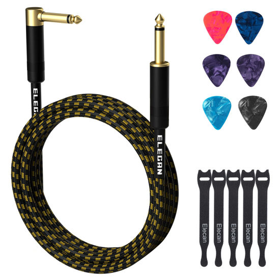 Picture of Guitar Cable 20 Feet -Right Angle to Straight Instrument Cable-Gold Plated Nylon Braided-90 Degree 1/4 Inch TS Professional Electric Bass Guitar Cord Amp Cable 6.35mm Male with 6 Guitar Picks+5 Ties