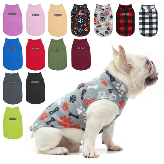 Picture of BEAUTYZOO Small Dog Sweater Fleece Vest Winter Jacket, D-Ring Leash Attachment for XS S Puppy Medium Sized Breeds Dogs, Cold Weather Dog Clothes Windproof Keep Warm, Grey Bones Paw L