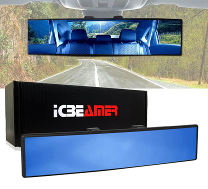 Picture of ICBEAMER 10.6" Car Rear View Mirror, HD Blue Tint, Panoramic Wide Angle Flat Surface, 2 Interior Retractable Rubber Clips, Anti Glare, Automotive Accessories Universal for Truck, Car, SUV, 1 Pack