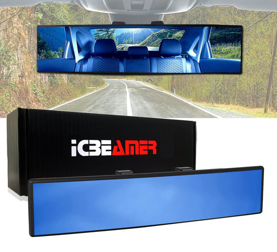 Picture of ICBEAMER 10.6" Car Rear View Mirror, HD Blue Tint, Panoramic Wide Angle Flat Surface, 2 Interior Retractable Rubber Clips, Anti Glare, Automotive Accessories Universal for Truck, Car, SUV, 1 Pack