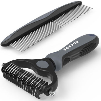 Picture of Docrok Pet Grooming Brush and Metal Comb Combo, Cat Brush Dog Brush for Shedding, Undercoat Rake for Dogs Grooming, Dematting Deshedding Brush Dogs Shedding Tool for Long matted Haired Pets, Gray