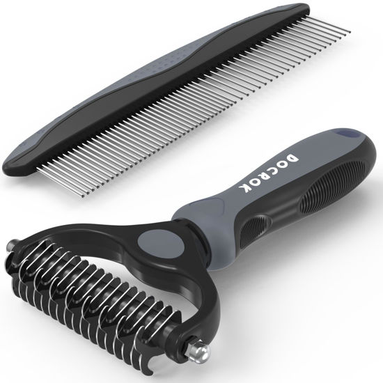 Picture of Docrok Pet Grooming Brush and Metal Comb Combo, Cat Brush Dog Brush for Shedding, Undercoat Rake for Dogs Grooming, Dematting Deshedding Brush Dogs Shedding Tool for Long matted Haired Pets, Gray