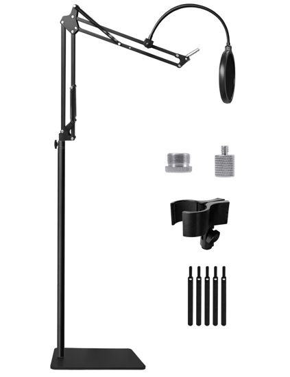Picture of Mic Stand Floor Boom Arm for Blue Yeti, Nano, Snowball, HyperX QuadCast, Shure SM7B MV7, Fifine K688 and More Mic, Floor Microphone Stand with 3/8" to 5/8" 1/4" Screw, Pop Filter Mic Clip Cable Ties
