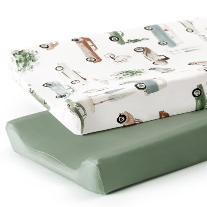 Picture of GRSSDER Stretchy Ultra Soft Jersey Knit Changing Pad Cover Set 2 Pack, Change Table Pad Covers Fit 32"/34" x 16" Pads Safe and Snug, Pretty Diaper Changing Pad Covers of Car Print