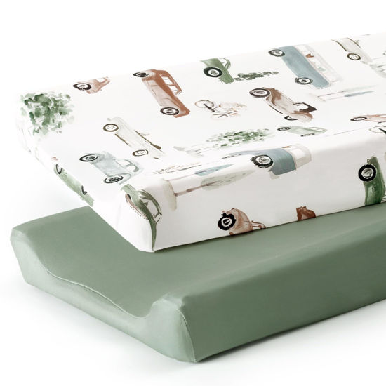 Picture of GRSSDER Stretchy Ultra Soft Jersey Knit Changing Pad Cover Set 2 Pack, Change Table Pad Covers Fit 32"/34" x 16" Pads Safe and Snug, Pretty Diaper Changing Pad Covers of Car Print