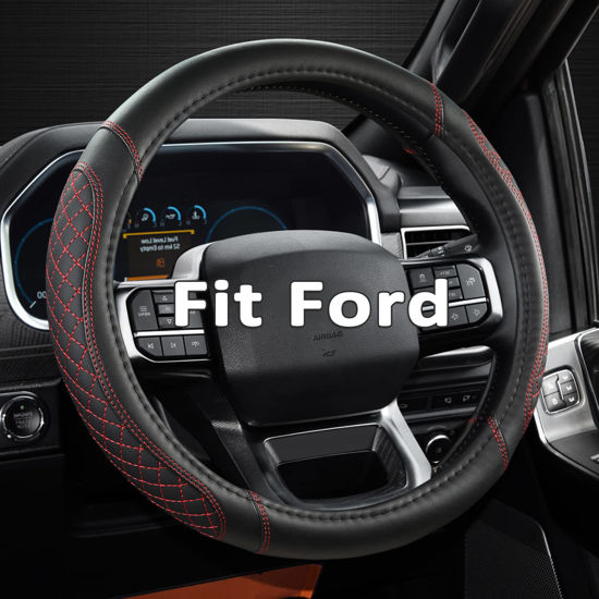 Picture of West Llama Customized Auto Car Steering Wheel Cover for Ford F-150, F-250, F-350, Expedition(Diamond Quilted - Black+Red)