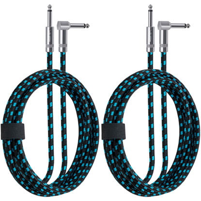 Picture of CeMeow 2Pack Guitar Cable 6ft 1/4 Inch Guitar Cord Straight to Right Angle Instrument Cable with Braided Tweed and Anti-Kinking Design for Guitar Bass Amp, Black & Blue