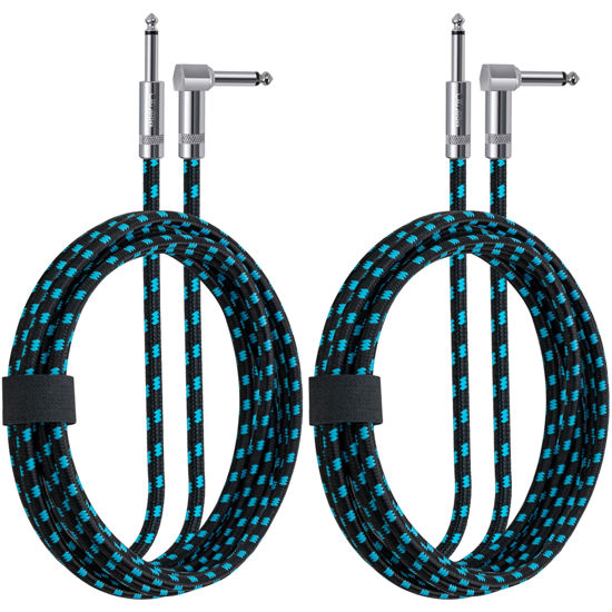 Picture of CeMeow 2Pack Guitar Cable 6ft 1/4 Inch Guitar Cord Straight to Right Angle Instrument Cable with Braided Tweed and Anti-Kinking Design for Guitar Bass Amp, Black & Blue