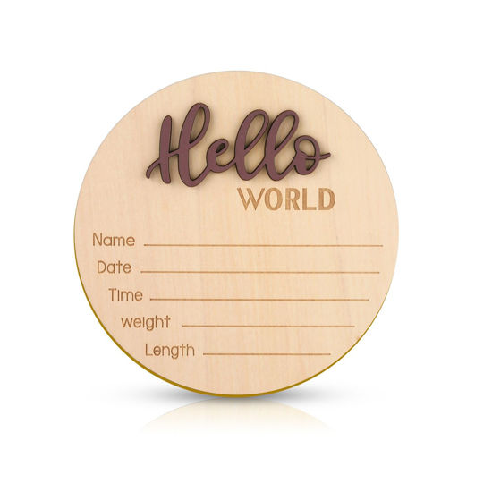 Picture of Baby Announcement Sign, 5.9 Inch Wooden Hello World Newborn Welcome Sign Birth Baby Name Plaques for Photo Props Baby Shower Hospital Nursery(Brown)