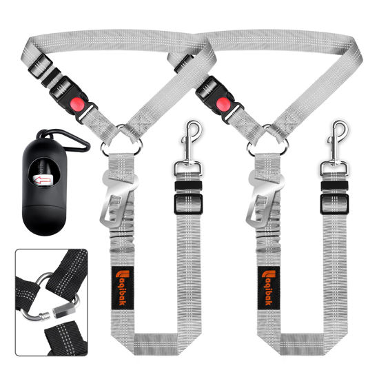 Picture of Removable Dog Seat Belts Harness for Car, 3 in 1 Pet Dog Car Seatbelt Leash, laqibak Restraint Secures to Headrest and Reflective Effect Adjustable Bungee Dog Seatbelt Tether, 2PCS and Poop Bag Holder
