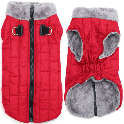Picture of JoyDaog Warm Fleece Dog Coats with Durable Harness Buitl in D-Ring,Waterproof Puppy Jacket for Small Dogs,Dog Vest for Cold Winter,Red M