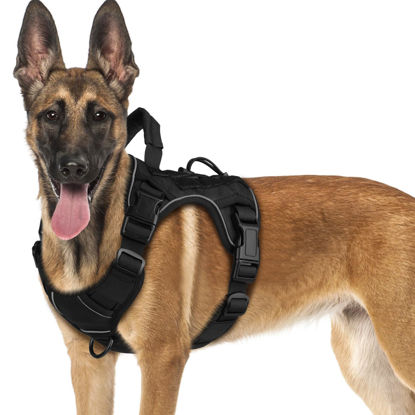 Picture of WINGOIN Black Tactical Dog Harness for Medium Small Dogs No Pull Adjustable Reflective Military Pet Harness with Easy Control Handle with Hook & Loop Panels for Walking Hiking Training