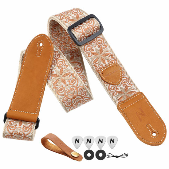 Picture of Nefelibata Guitar Strap,Double leather ends,Vintage Woven W/FREE BONUS-4 Picks+Strap Locks+Strap Button,Best Gift For Bass,Electric&Acoustic Guitars for Guitar(Vintage khaki yellow embroidery)