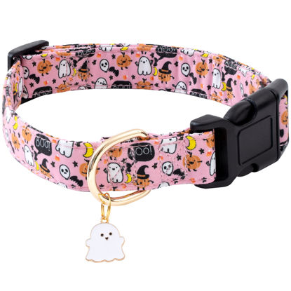 Picture of Faygarsle Halloween Fall Dog Collar for Small Medium Large Dogs Fashionable Cute Collar for Male Female Dogs Pink Cotton Dog Collar Spectre Pumpkin Pattern XS