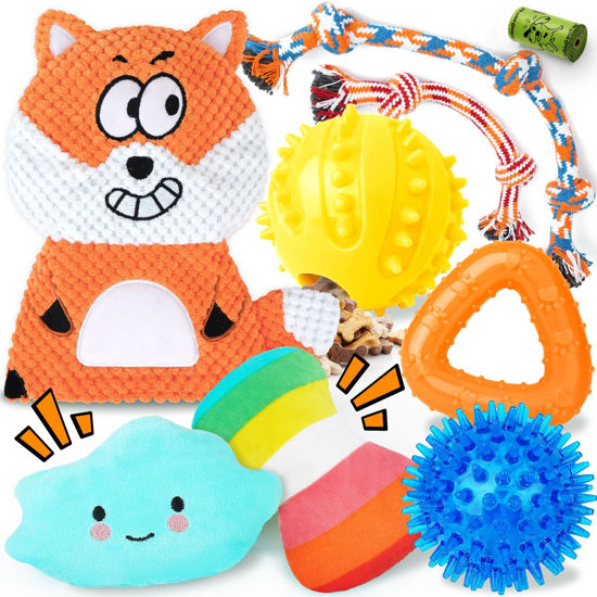 Picture of Zeaxuie 9 Pack Puppy Toys for Teething, Puppy Chew Toys with Cute Squeaky Dog Toys, Treat Ball and Rope Dog Chew Toys for Small Dogs, Hold a Bottle