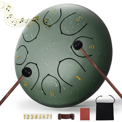 Picture of Rain Drum for Outside,6 Inches 8 Notes Rain Drum for Garden Instrument, Drum Rain Chime Waterproof, Rain Drum Outdoor, with Drum Bag, Music Book, Drum Mallets (Stone Green, 6 Inches)
