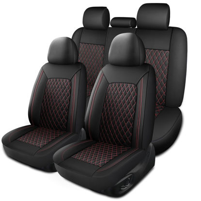 Picture of HChengkikz Leather Car Seat Covers,Breathable and Waterproof Seat Cover Full Set,PU Premium Universal Fit Automotive Airbag Compatible for Cars Sedans SUVs Vans and Trucks(Full Seat,Black+Redline,N1)