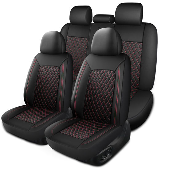 Picture of HChengkikz Leather Car Seat Covers,Breathable and Waterproof Seat Cover Full Set,PU Premium Universal Fit Automotive Airbag Compatible for Cars Sedans SUVs Vans and Trucks(Full Seat,Black+Redline,N1)